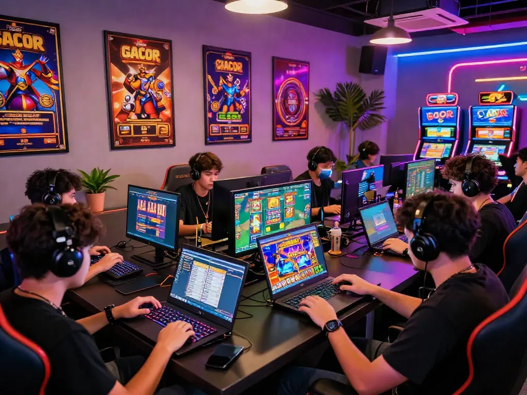 Group of gamers exploring various slot gacor games in a vibrant lounge setting, showcasing excitement and engagement.