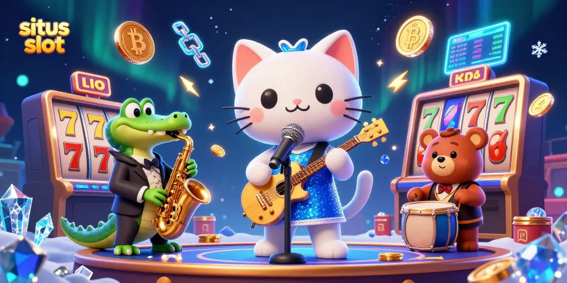 Situs slot illustration featuring a jazz cat, saxophone crocodile, and drum bear in a lively casino scene