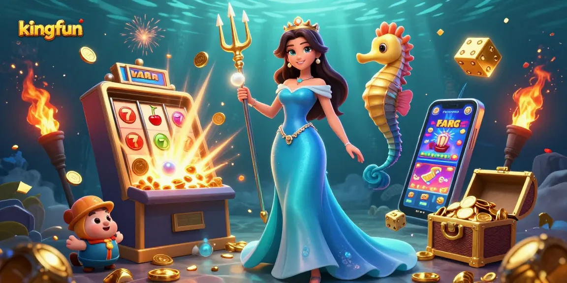 Win big with kingfun in this vibrant slot machine fantasy scene featuring underwater treasures.