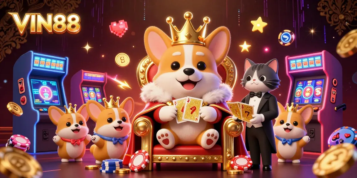 Experience the excitement at VIN88 with a whimsical 3D illustration featuring royalty-themed casino characters.