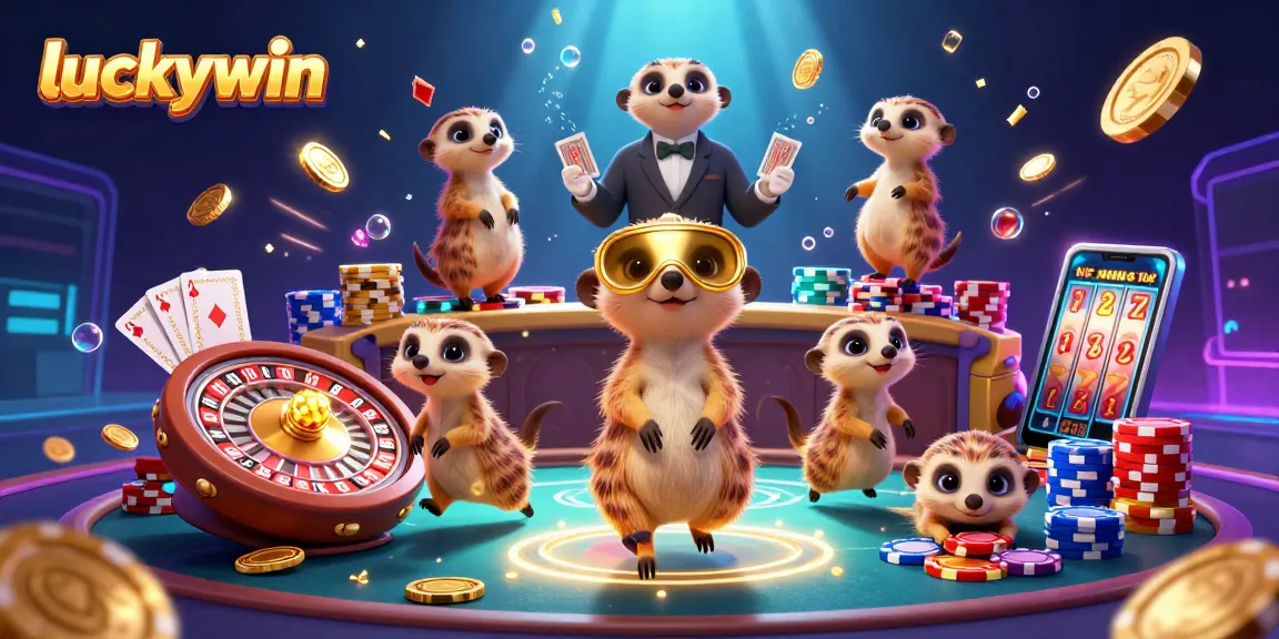 Experience the thrill of luckywin with animated meerkats enjoying casino adventures amidst gold and gems.