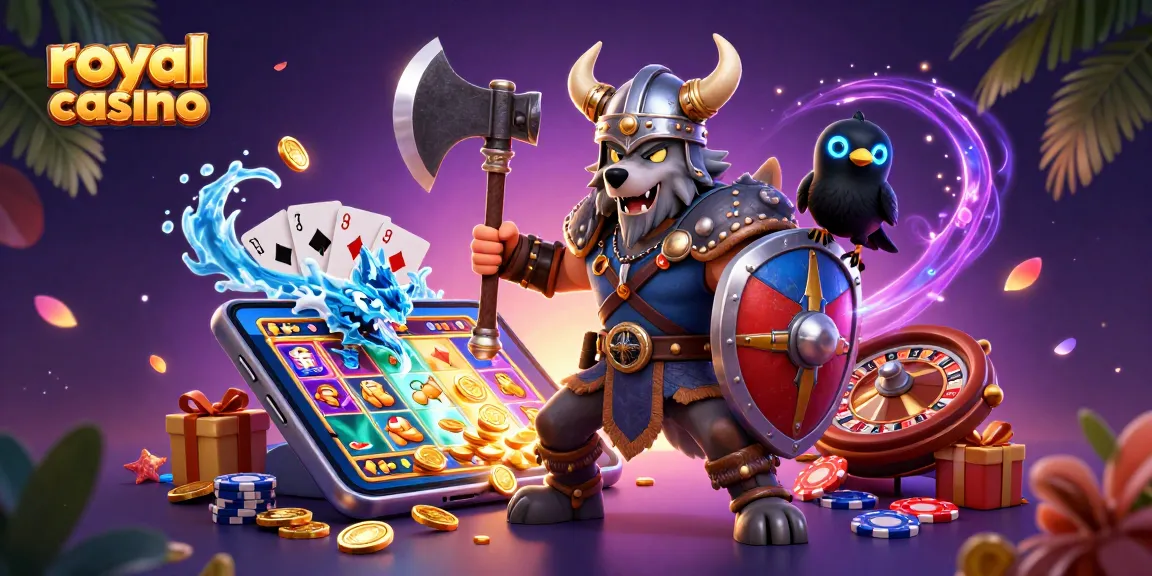 Experience the excitement of royal casino with a 3D Viking warrior, dragon, and gaming elements