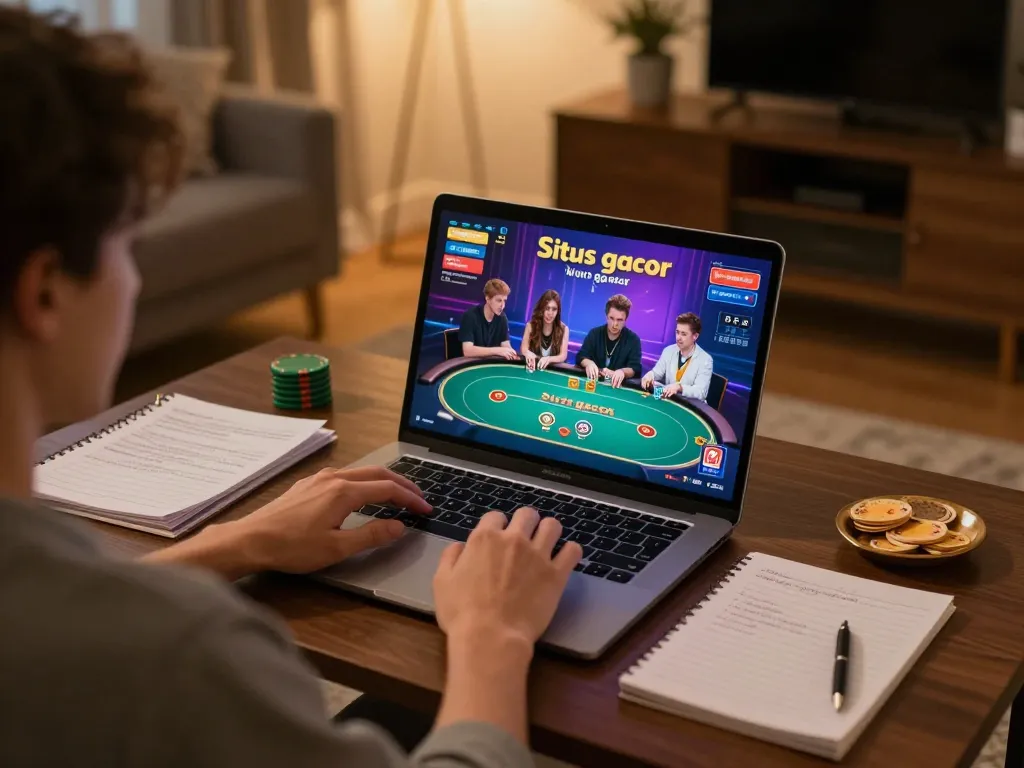 Engaged player enjoying situs gacor on a laptop with poker game interface displayed, cozy home setting highlighting responsible gambling.