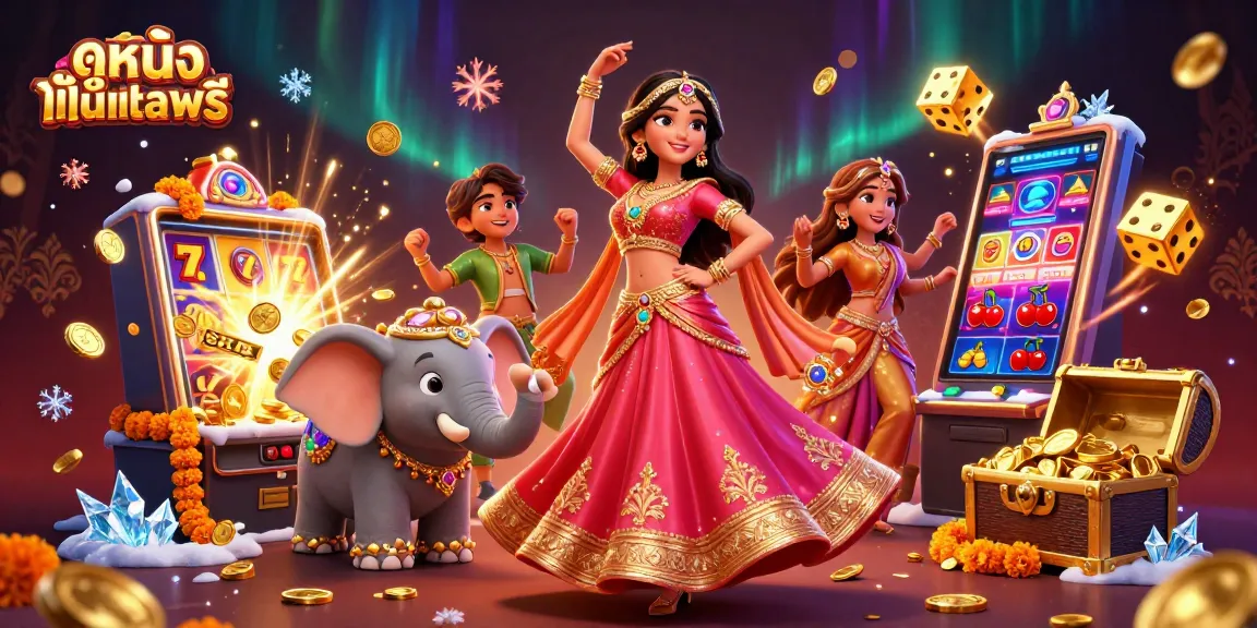 Engage with ดูหนังออนไลน์ฟรี amidst vibrant casino illustrations featuring slot machines, dice, and gold coins.