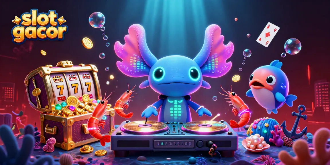 Slot gacor dengan DJ axolotl dan karakter laut yang menggembirakan, dikelilingi harta karun