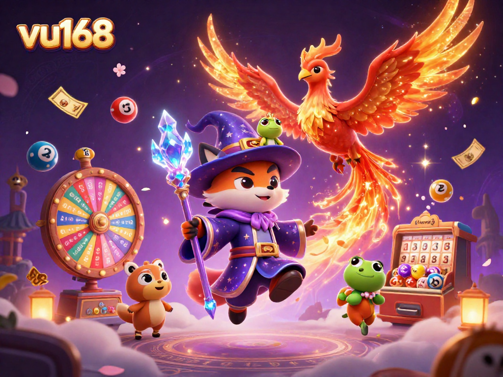 Engage with the fantastic gambling realm on vu168 while enjoying vibrant 3D characters and casino-themed imagery.