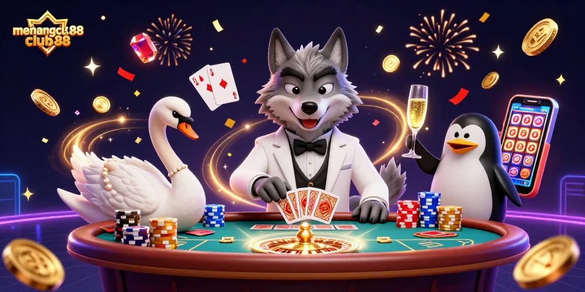 Experience thrilling wins at menangclub88 with a vibrant casino scene featuring unique characters in action.