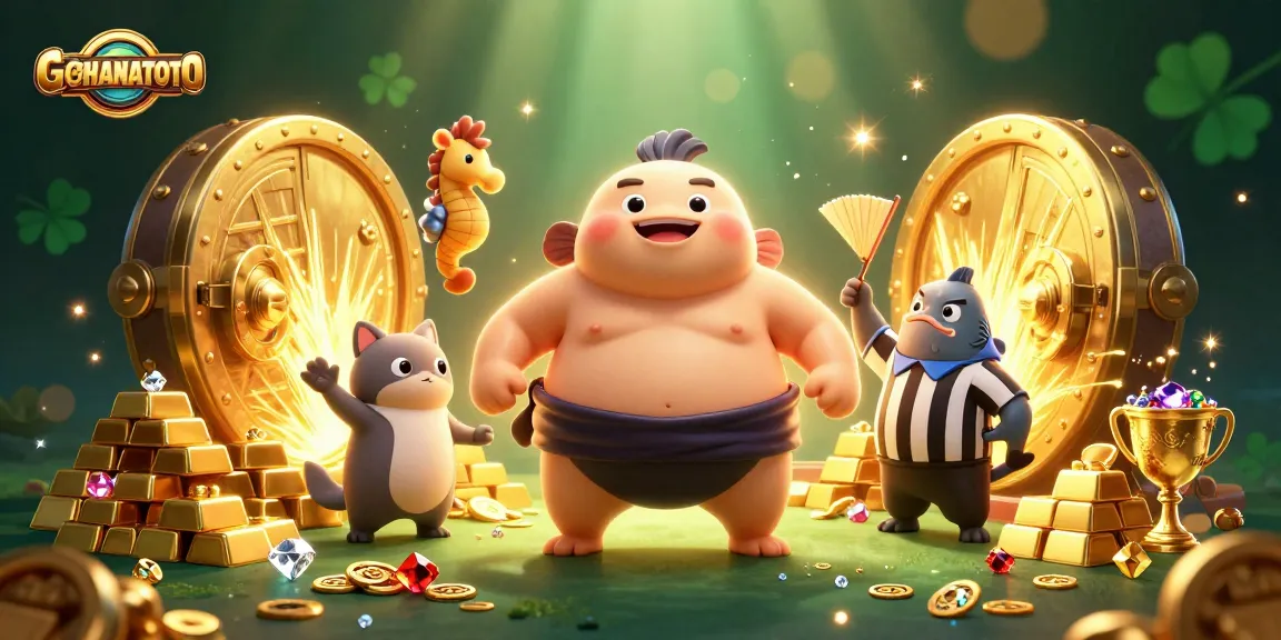 Menangkan permainan di GERHANATOTO dengan ilustrasi 3D kartun fugu, wasit ikan lele, dan penonton kuda laut.