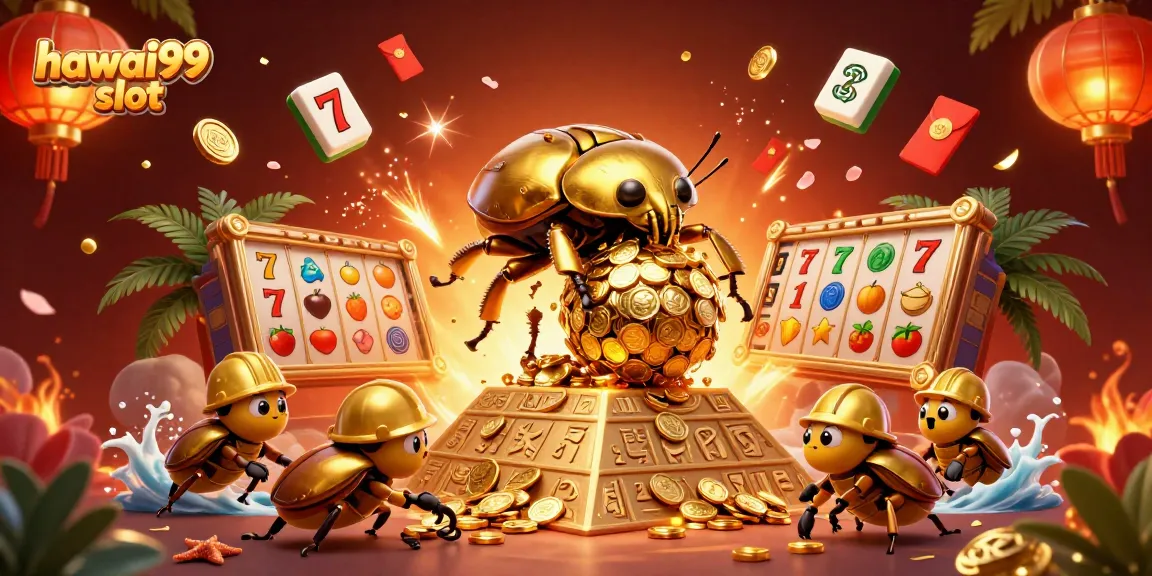 Experience the excitement of hawai99 slot with vibrant illustrations of jackpot symbols, beetles, and casino motifs.