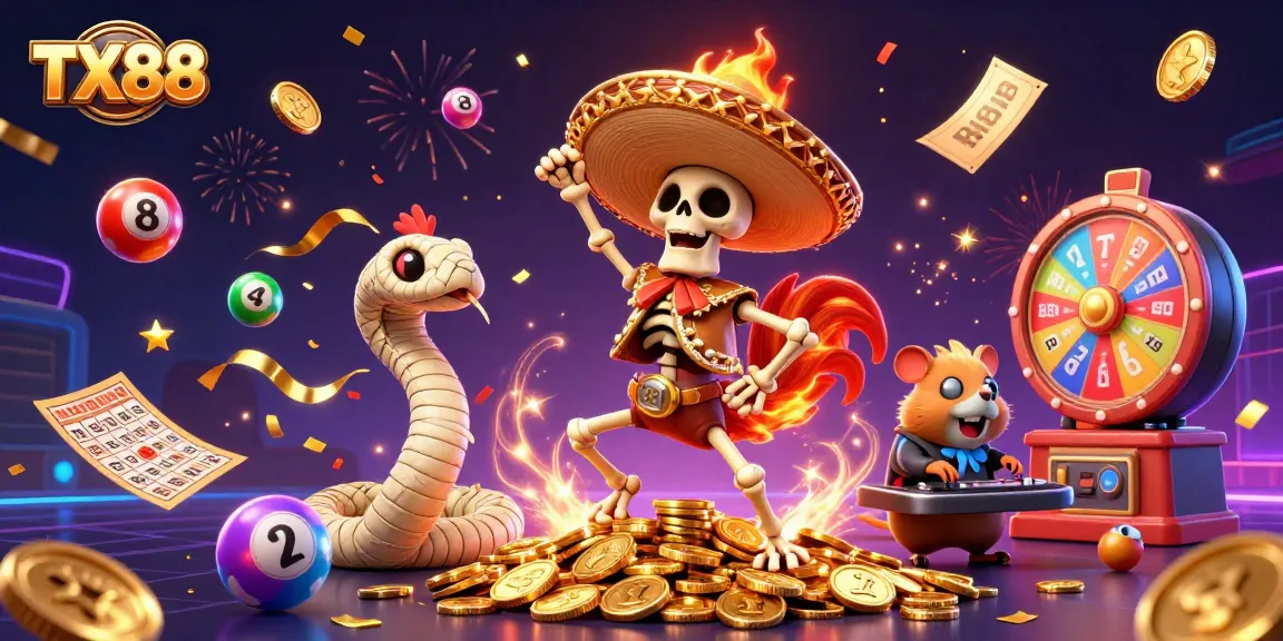 TX88 jackpot excitement illustrated with colorful characters celebrating big wins and dynamic gaming elements.