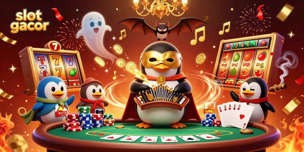 Slot gacor menampilkan penguin opera kartun bermain organ dengan koin emas di sekitarnya.