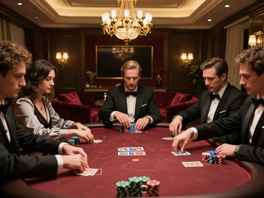 Casinosscope poker players strategizing in luxurious atmosphere during high-stakes game
