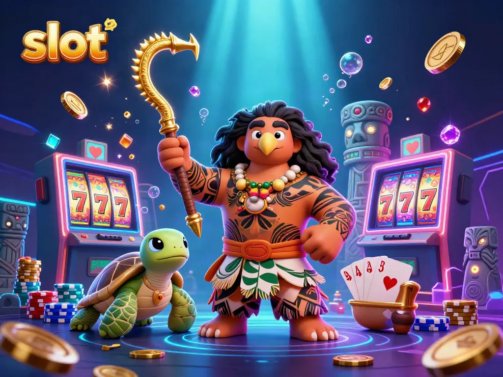 Experience the thrilling slot action with a demigod and turtle amidst dazzling casino elements.