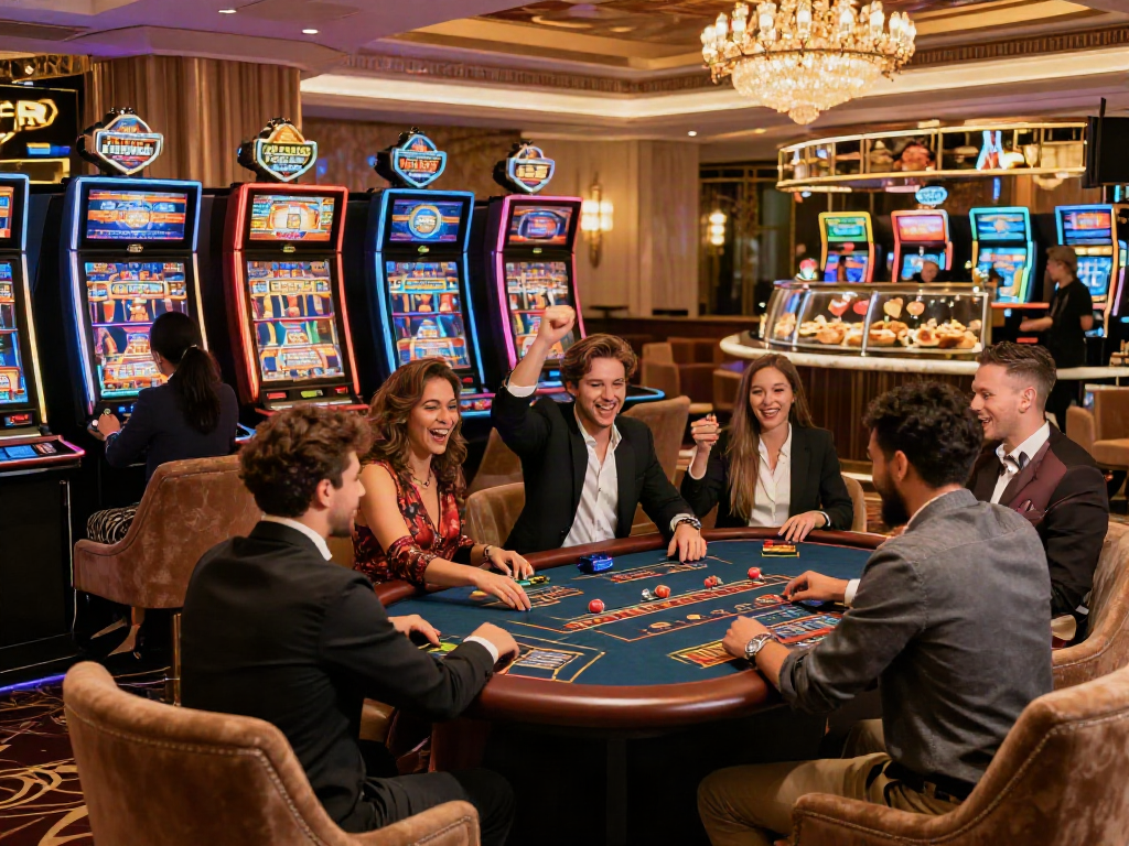 Suasana mewah LUXURY111 Daftar dengan pemain slot yang merayakan kemenangan di lounge permainan mewah.