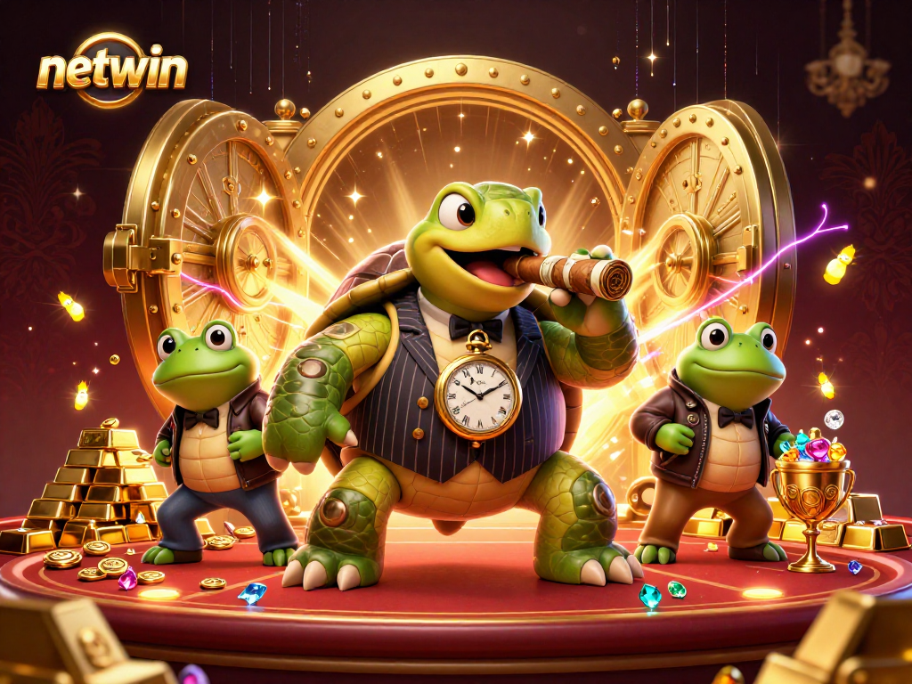 Experience the netwin casino ambiance with a cartoon snapping turtle and bullfrog enforcers amidst golden treasures.