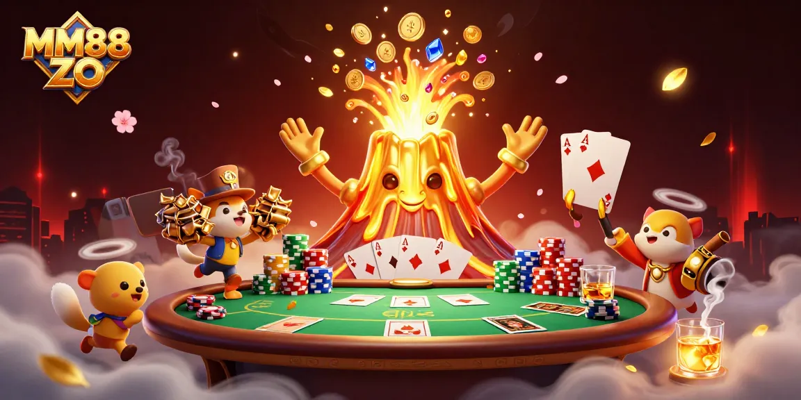 Win big with MM88 ZO as the golden volcano erupts treasure in this dynamic casino scene.