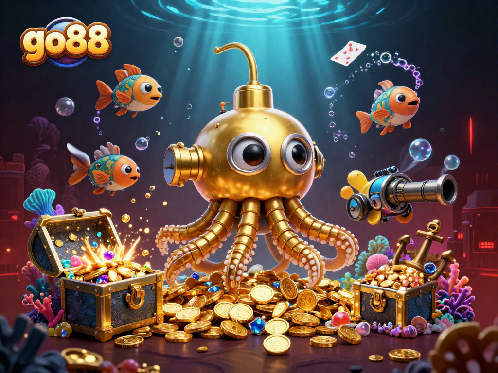 Engage with go88's vibrant underwater casino scene featuring a lively kraken and treasure.