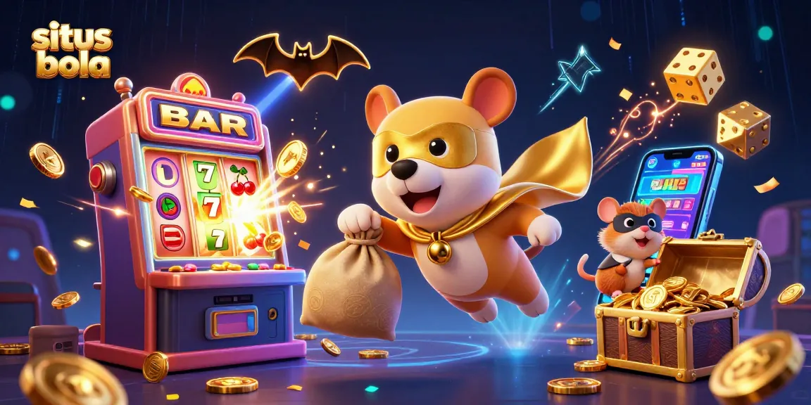 Situs bola illustration showing a superhero dog and hamster in a casino scene with vibrant gambling elements.