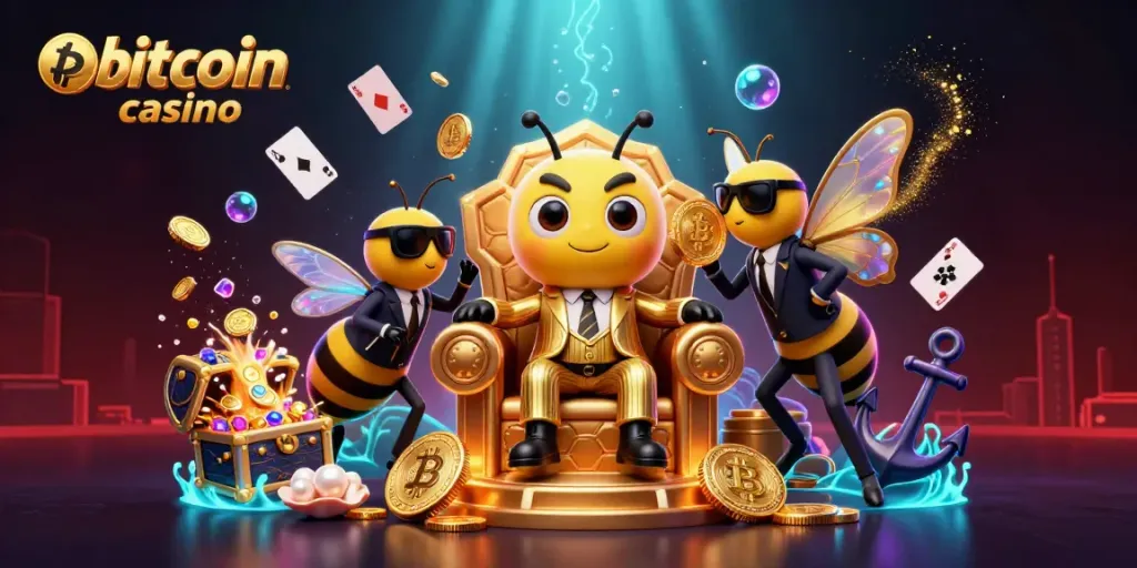 Experience the vibrant action at a bitcoin casino featuring a bumblebee mob boss in a thrilling 3D scene.