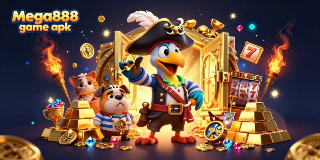 Experience excitement with the mega888 game apk, illustrated in a glamorous pirate-themed casino scene.