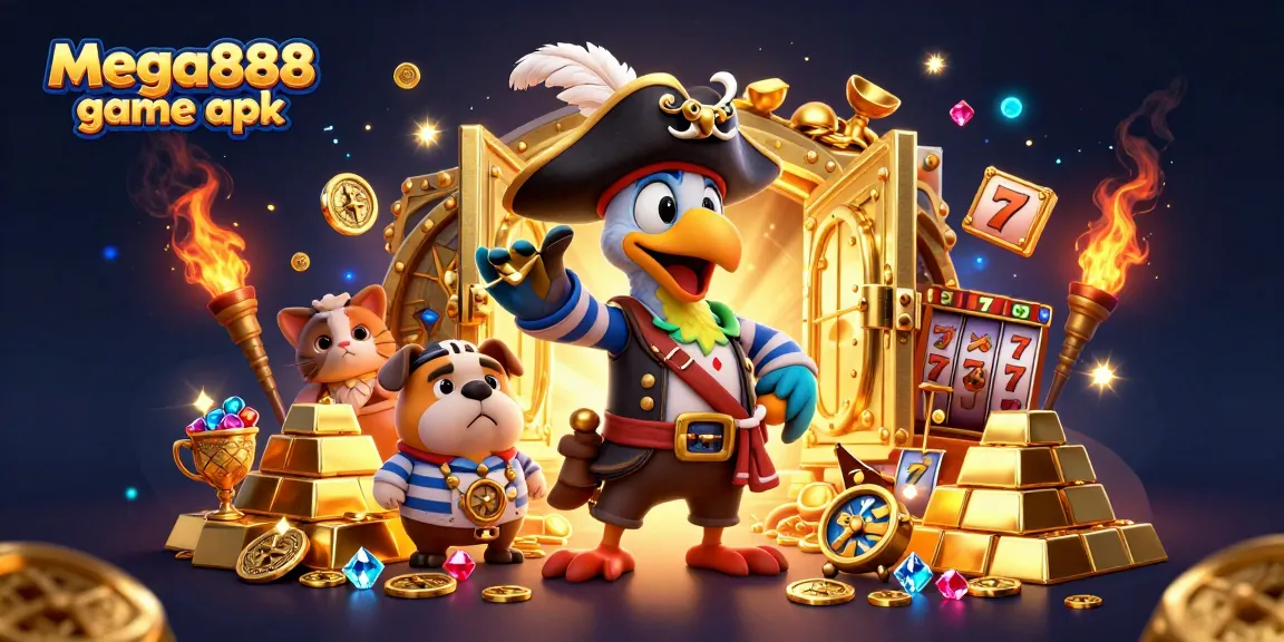 Experience excitement with the mega888 game apk, illustrated in a glamorous pirate-themed casino scene.