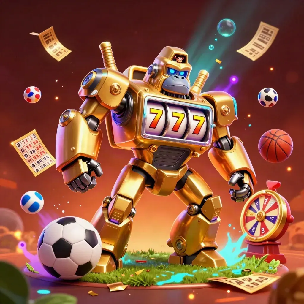 Golden gorilla slot-mech with balls, prize wheel, tickets, and neon casino glow