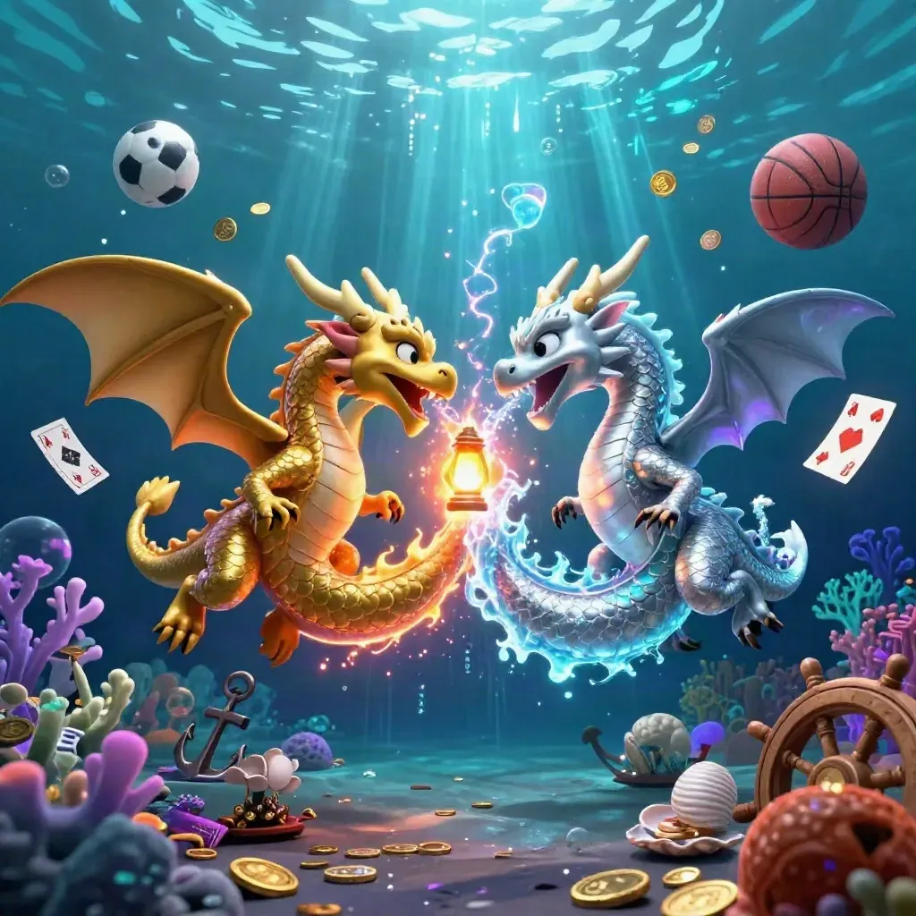 Gold and silver dragons spiral above a neon treasure cove with sports balls and glowing light.