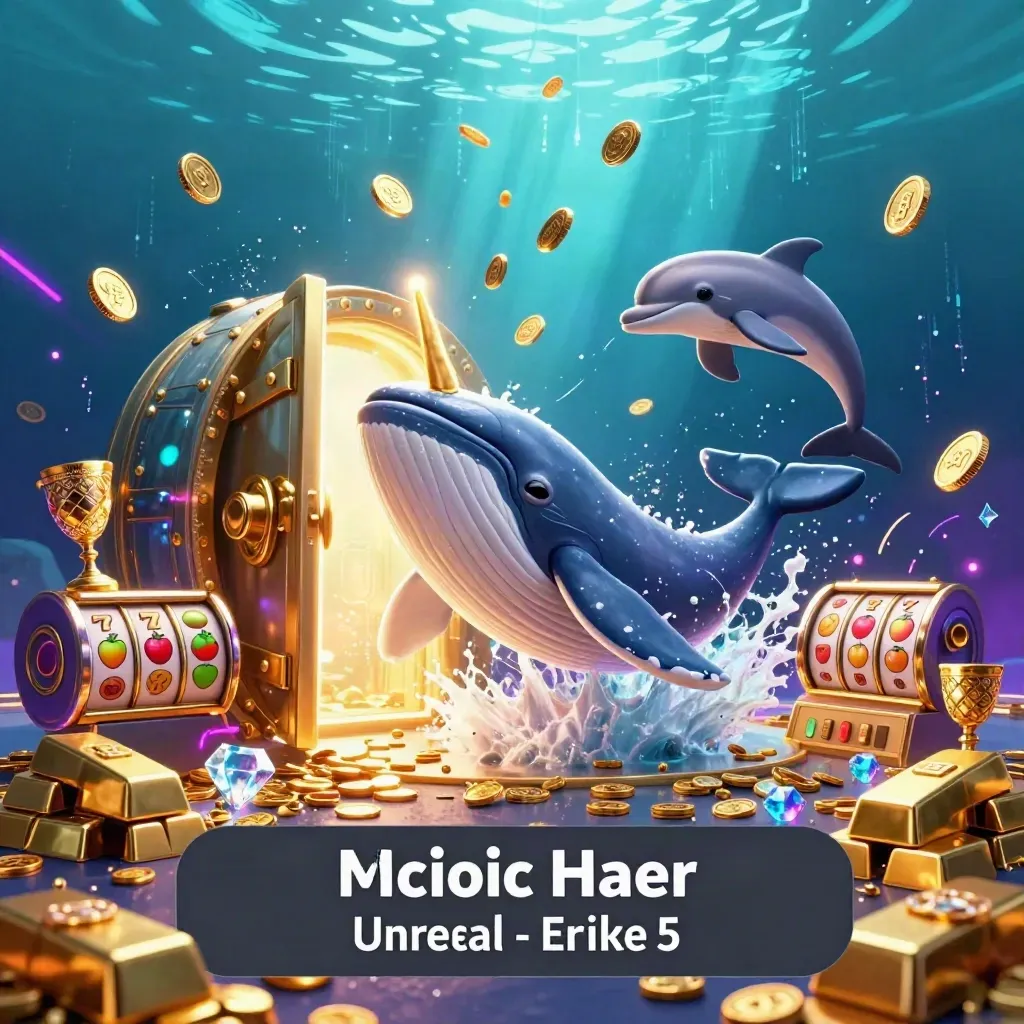 Whale captain, narwhal, and dolphins burst through coins and treasure in neon casino underwater art.