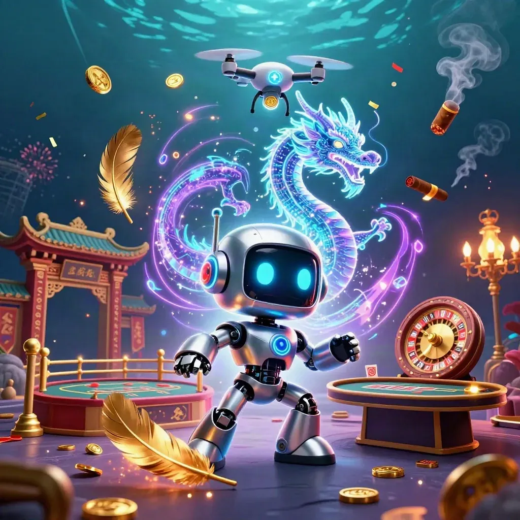 Cyberpunk robot, holographic dragon and drone in a luxe casino scene with spinning wheel and temple gate