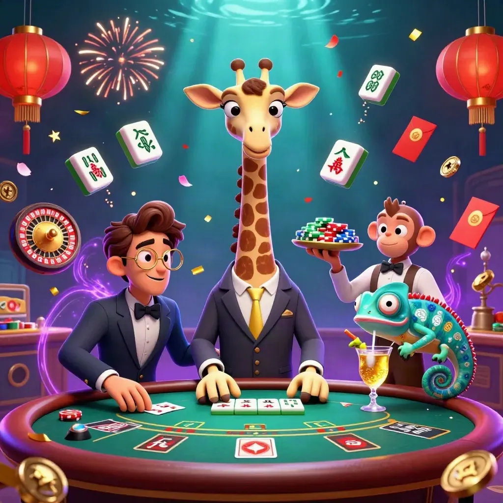 Giraffe, monkey, and chameleon in a luxe casino scene with sparks and glowing game objects.