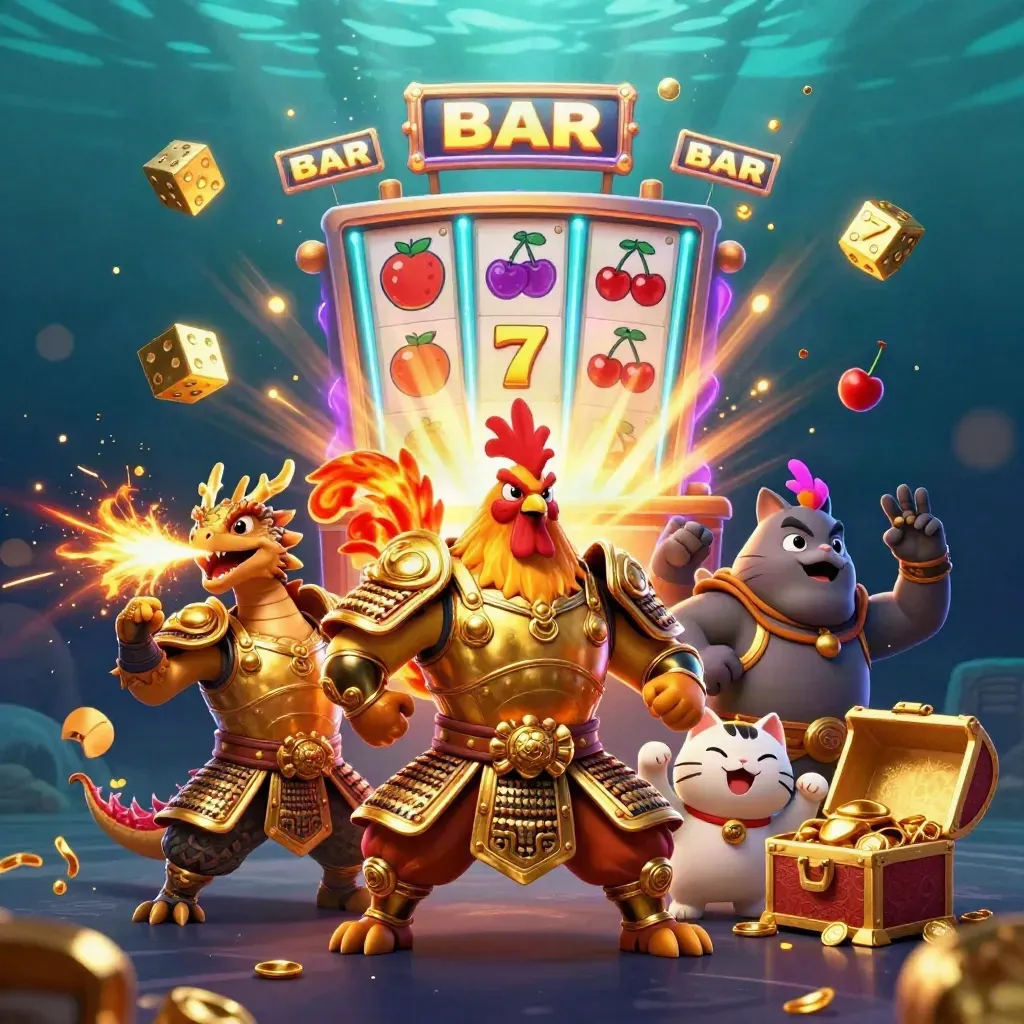 Rooster samurai, dragon hatchling, and fortune cat amid bursting slot loot underwater neon glow.