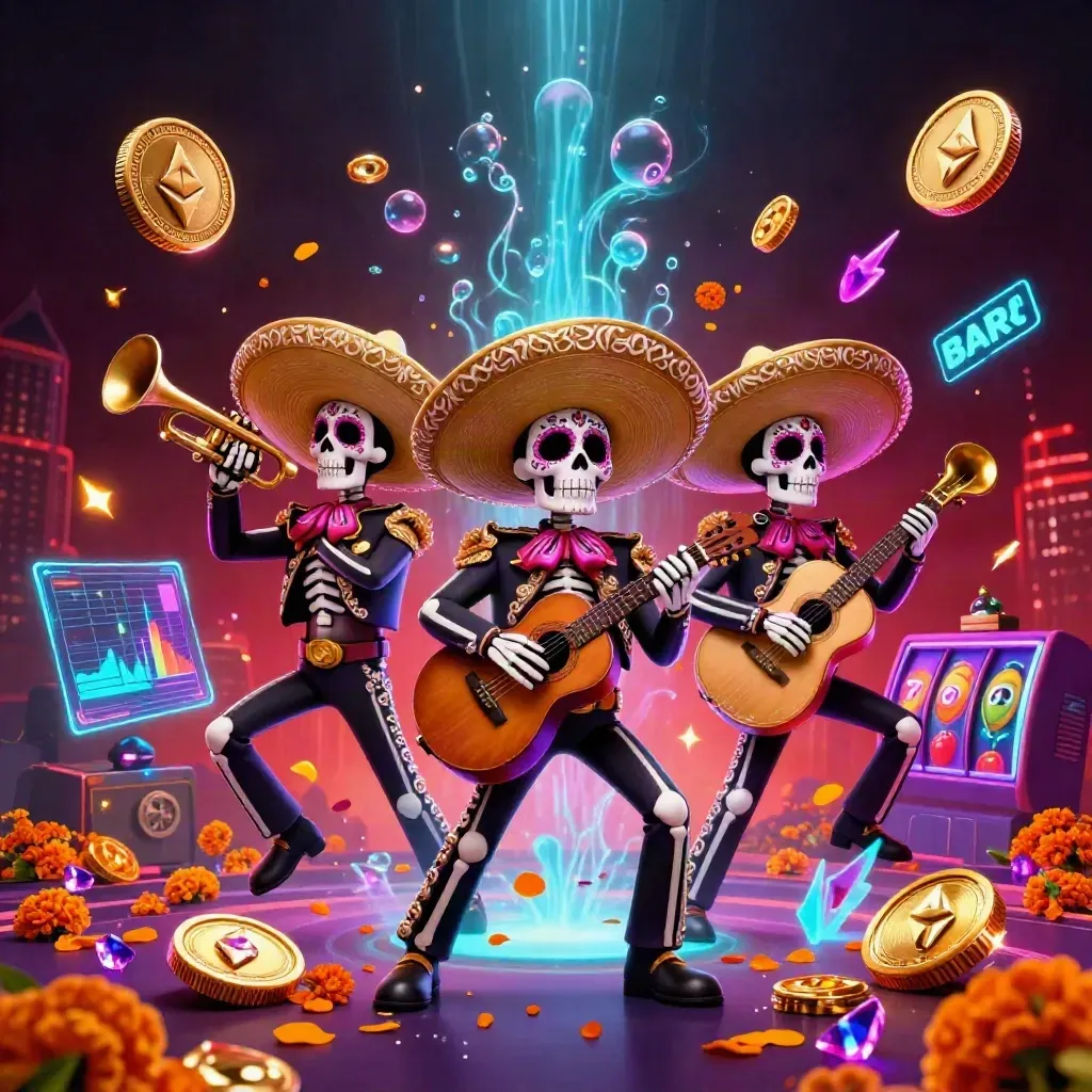 Three skeleton mariachi heroes amid neon coins, gems, slot reels, and casino lightning.