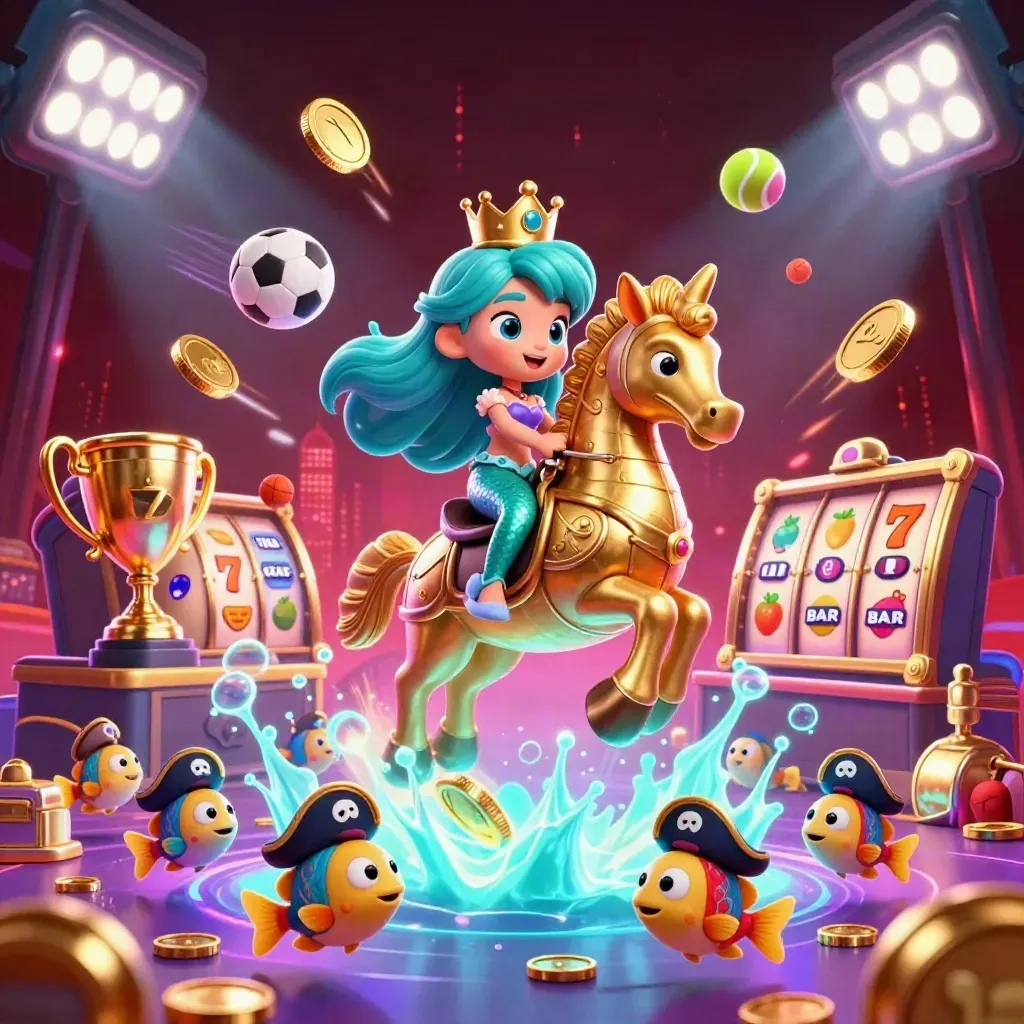 Mermaid princess rides armored seahorse amid coins, balls, trophies, slot symbols, and neon casino glow.