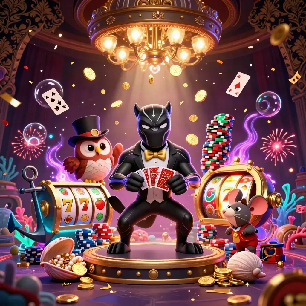Panther, owl, and mouse celebrate amid coins, treasure cove, fireworks, and slot symbols.