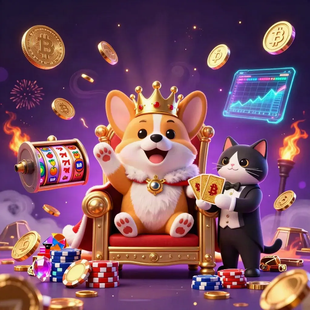 Royal corgi and cat butler amid exploding coins, slots, neon crypto effects, and fireworks
