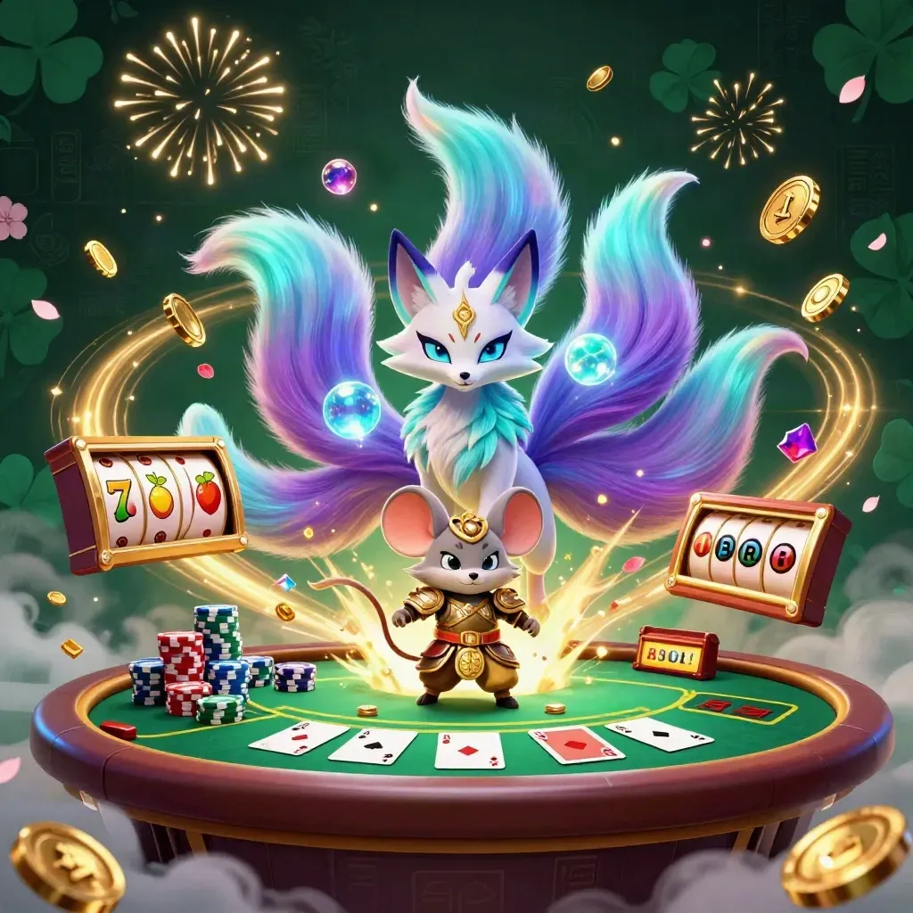 Nine-tailed fox spirit and golden samurai mouse amid casino chips, aces, coins and fireworks