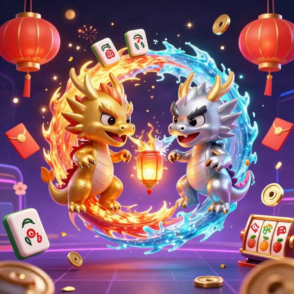 Twin gold and silver dragons form a fiery yin-yang amid casino symbols and neon sparks.
