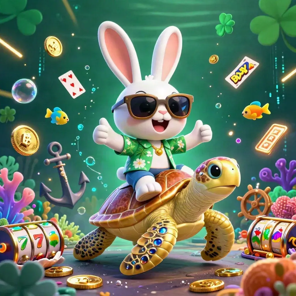 Lucky rabbit rides golden turtle in a neon underwater casino cove with coins, reels, and fish.