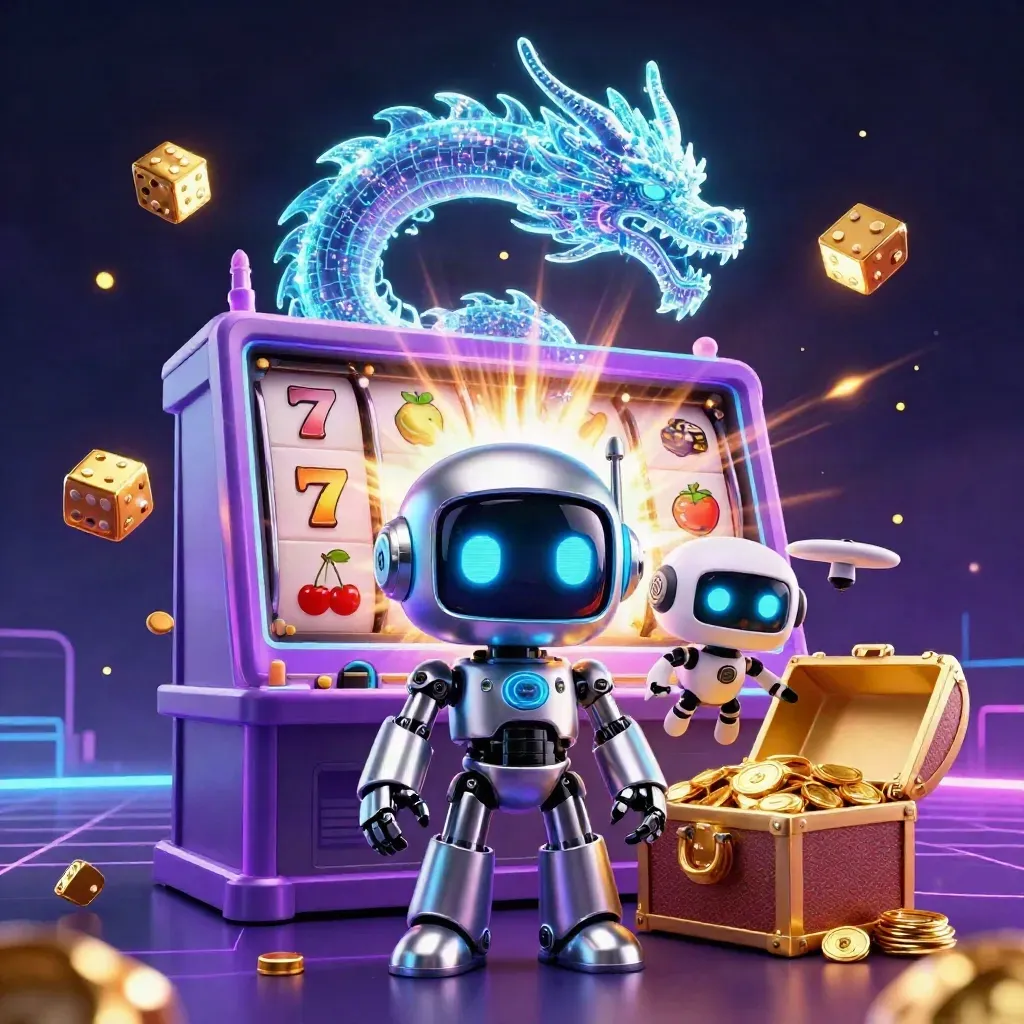 Cyberpunk robot, holographic dragon, and coin drone amid a bursting slot machine and gold