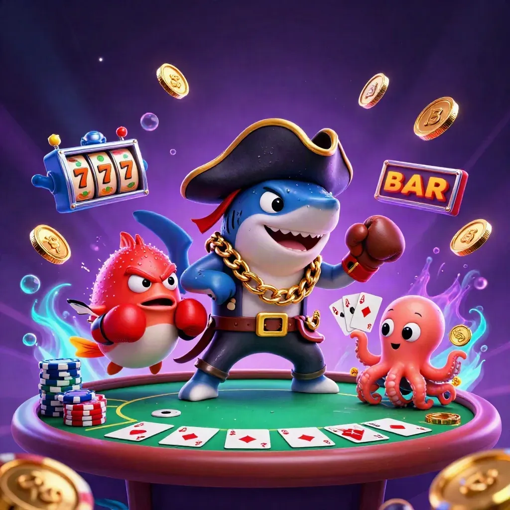 Shark pirate, boxing pufferfish, and coin-juggling octopus amid casino loot glow.