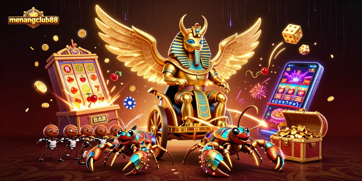 Menangclub88 showcases a vibrant casino scene with golden scarab beetles and jackpot elements bursting with excitement.