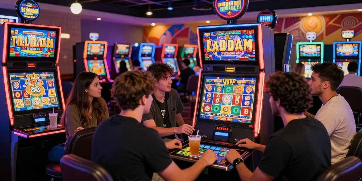 Friends enjoying a lively slot machine gaming experience in a vibrant casino environment, celebrating a jackpot win.