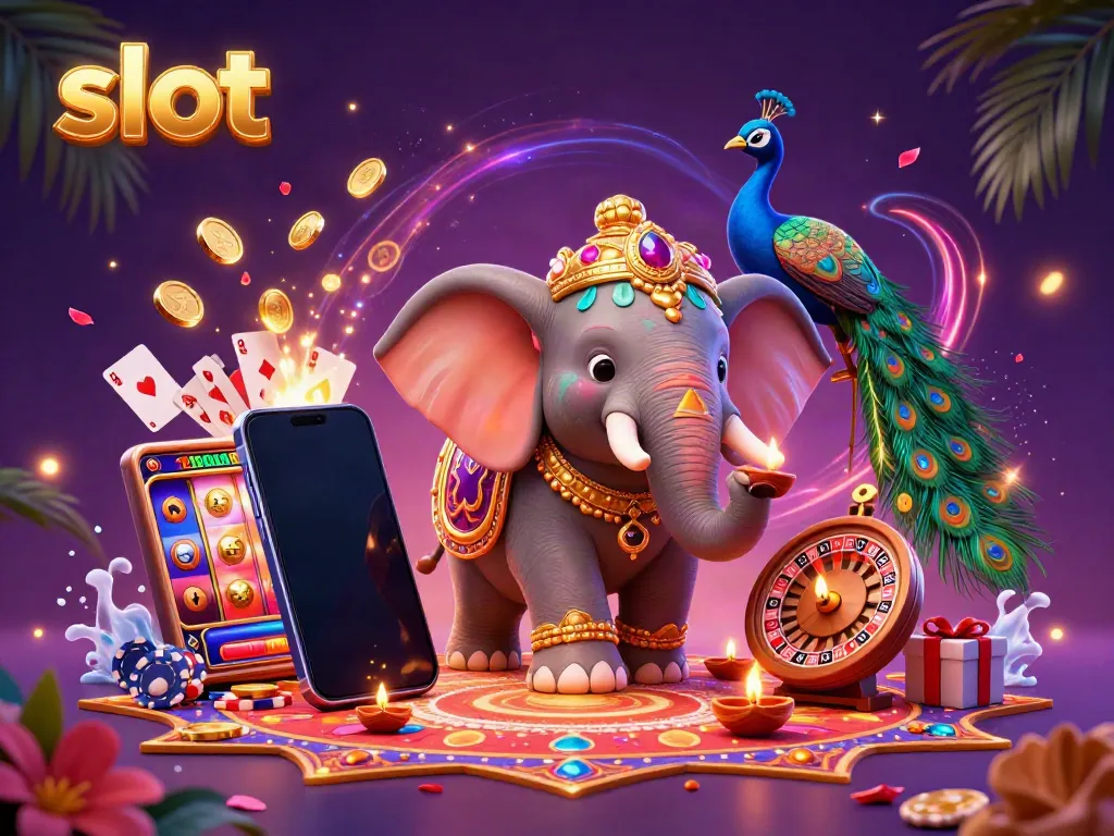 Experience thrilling slot action with a colorful scene featuring a Diwali-themed elephant, games, and vibrant elements.