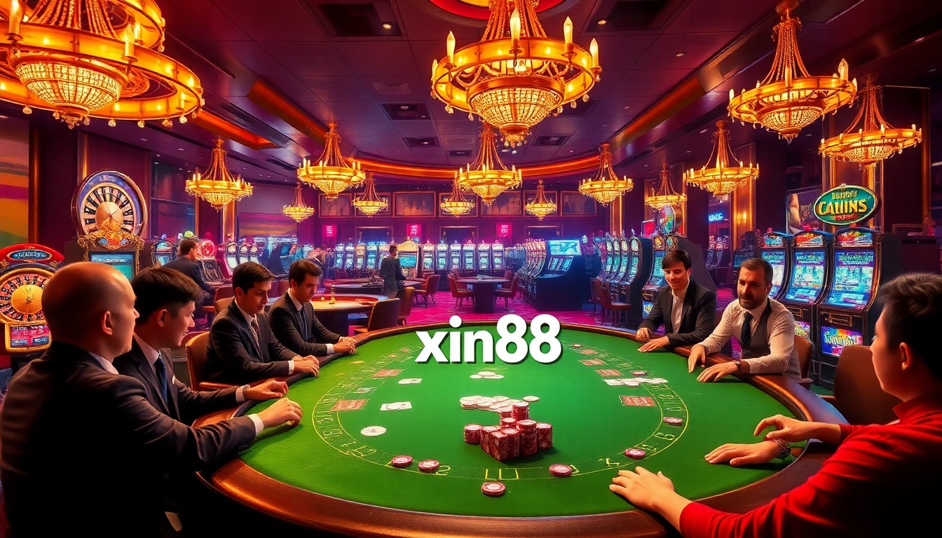 Players enjoying a thrilling game at the xin88 casino's poker table, showcasing excitement and high stakes.