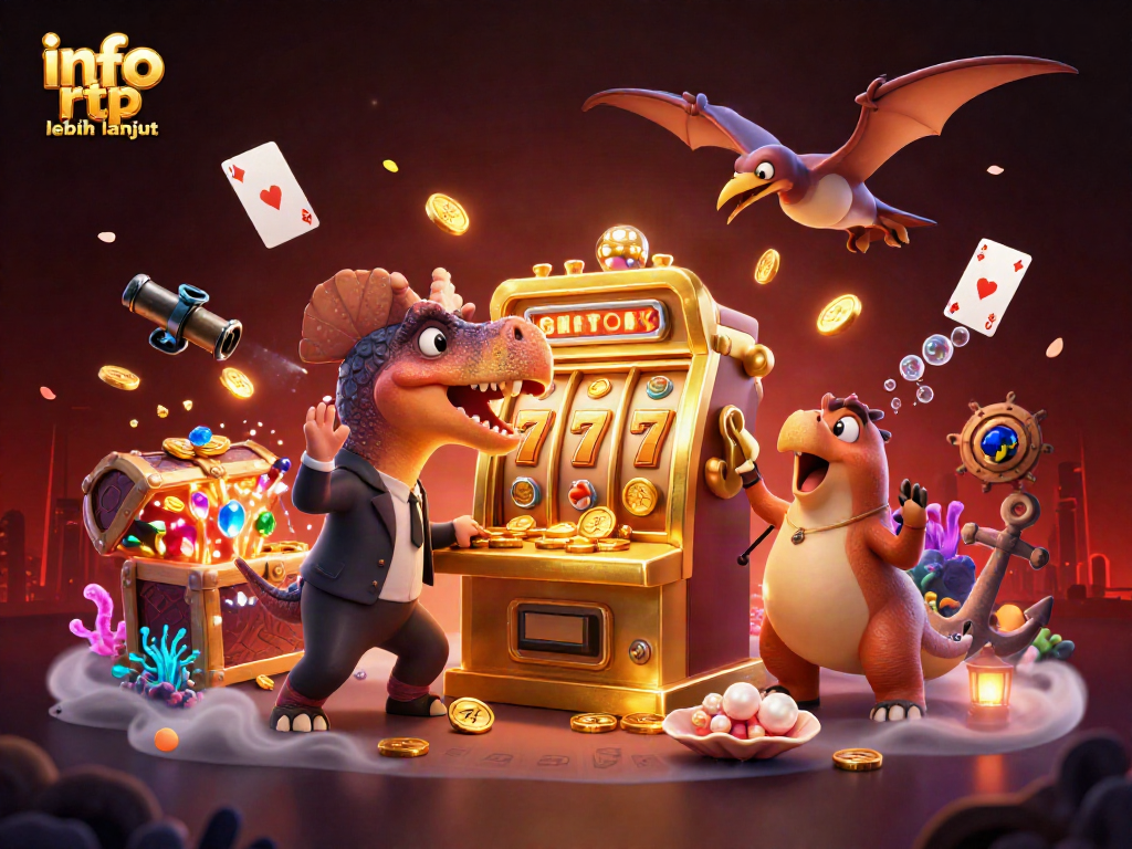Melihat info rtp lebih lanjut ketika dinosaurus kartun 3D memukul mesin slot emas untuk jackpot di kasino.
