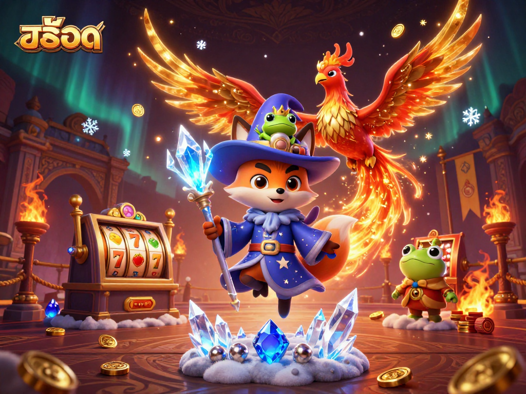 Engaging 3D illustration of สล็อต scene with wizard fox, phoenix, and dynamic slot elements in action.