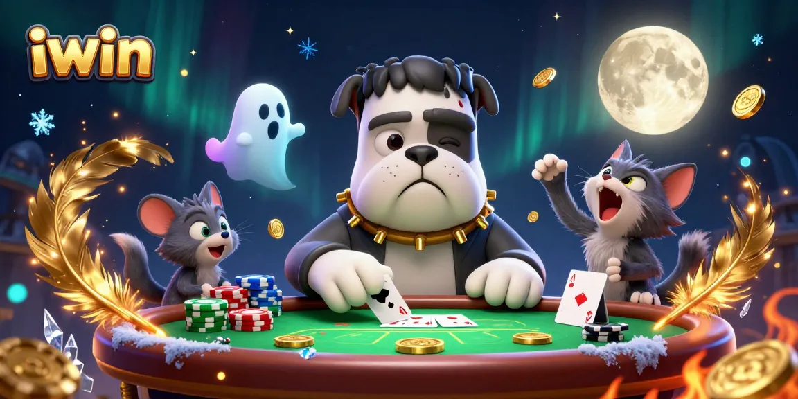 Experience iwin in a thrilling poker game featuring a Frankenstein bulldog and ghostly elements at a vibrant casino scene.