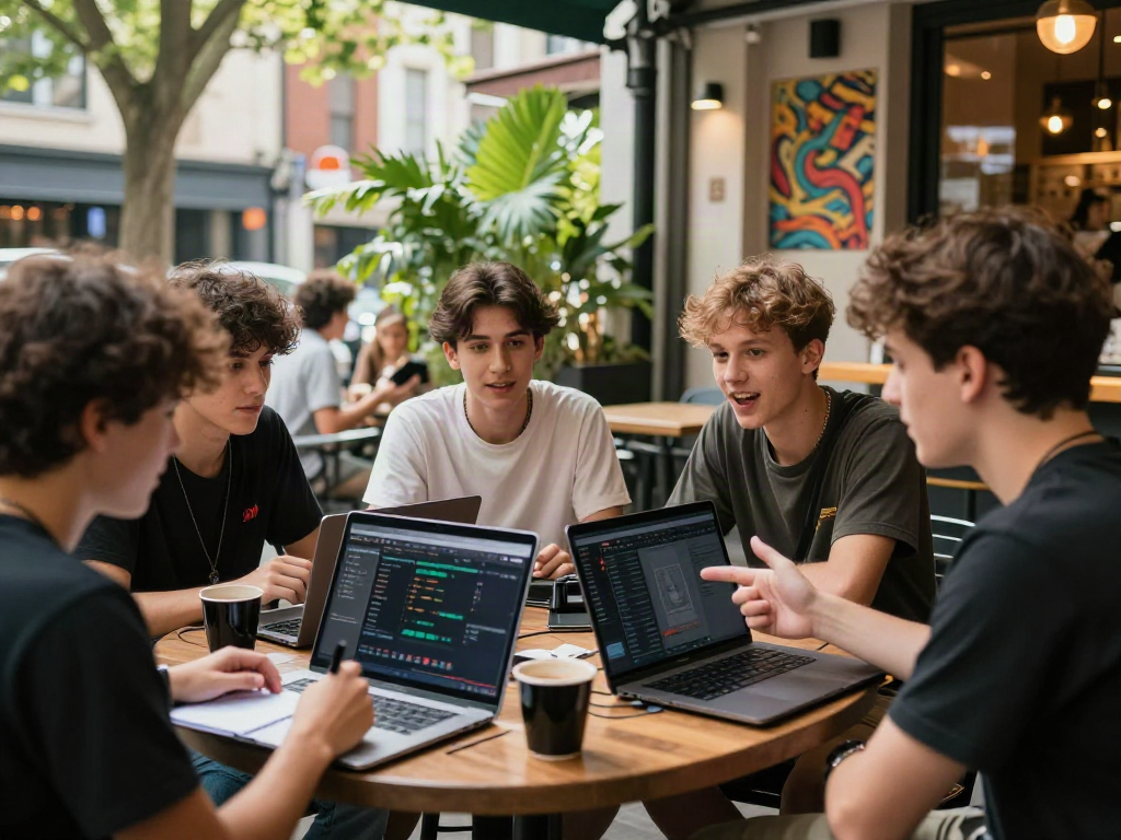 Akujnp enthusiasts collaborating over gaming strategies at a vibrant urban cafe.