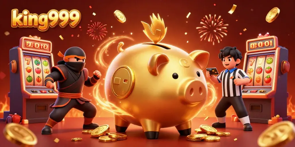 Tampilkan king999 dalam ilustrasi 3D slot dengan karakter hewan dan elemen kasino yang meriah.