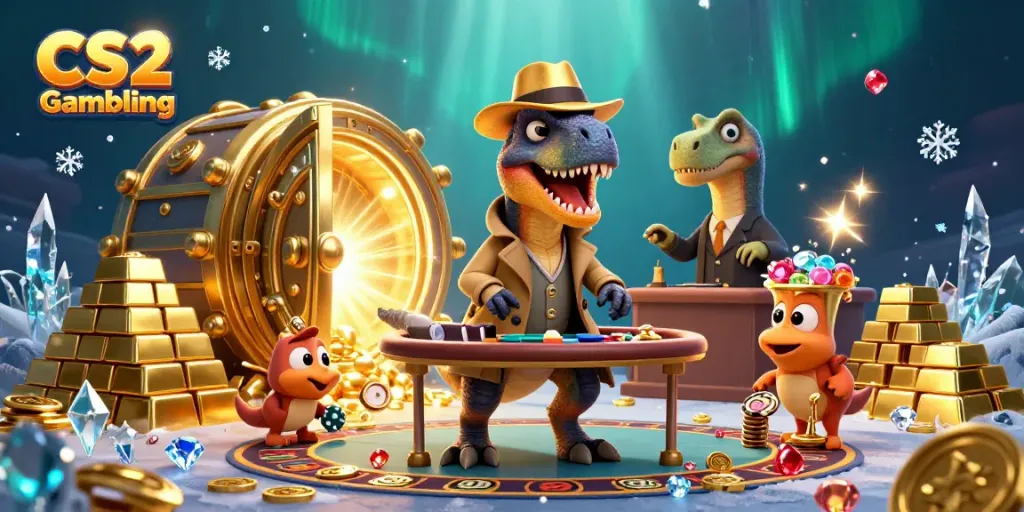 CS2 Gambling scene with a velociraptor at a blackjack table, surrounded by gold and gems.